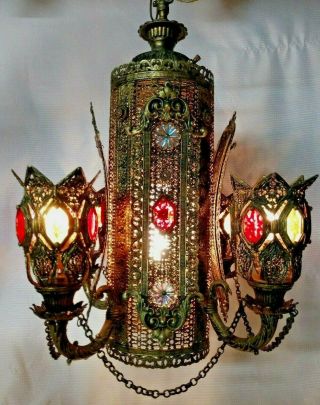 Vintage Large Brass Moroccan 5 Light Jeweled Hanging Chandelier Lamp