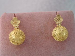 Antique Victorian Etruscan Solid 14k Gold Ball Drop Earrings Ornate Design
