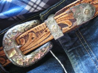 Vintage Western Silversmiths Sterling & 10k Ranger Belt & Buckle Set - Rare