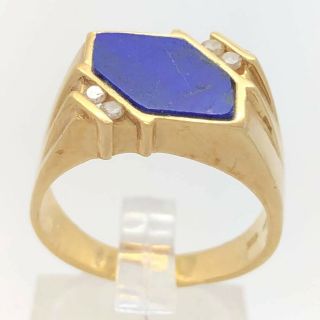 14K Solid Gold Blue Lapis and Diamond Men ' s Ring Size 8.  5 Vintage Estate 2