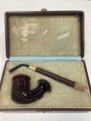 Vintage Tobacco Pipe Carved Antique Bowl In Case,  1813 & Dog,  Wood Stem Pipe Cs2