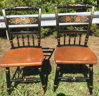 Pair Vintage L.  Hitchcock Black Harvest Inn Solid Maple Dining Chairs Ct