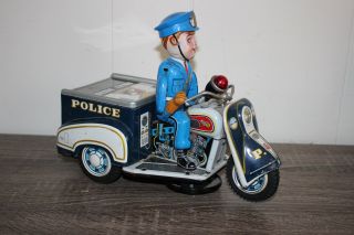 Vtg Japan Tn Nomura 1950s Police Patrol Motorcycle Batt Op O/b Tin Litho Toy