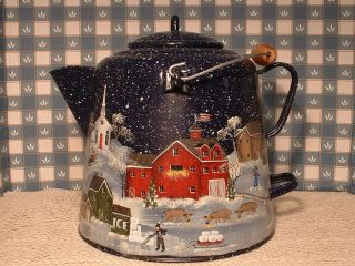 Vintage Enamel Large Coffee Pot Winter Country Farms Folk Art Hand Painted