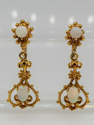 Vintage 1950s 3ct Natural Opal 14k Yellow Gold Dangle Earrings 1.  5 "