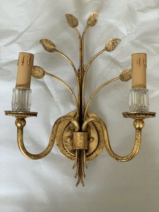 Vintage Banci Firenze Gilt Tole Crystal Leave Wall Sconce Maison Bagues Style