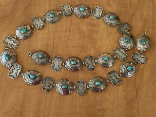 Vtg.  Old Pawn Fred Harvey Era Navajo Turquoise Sterling Silver Concho Belt 33”l