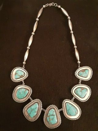 Vintage Native American Sterling Silver And Turquoise Necklace Signed