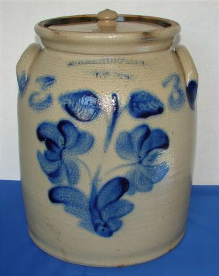 Vintage Stoneware 3 Gal Crock Cobalt Blue Flower T Harrington Lyons Ny W/ Lid