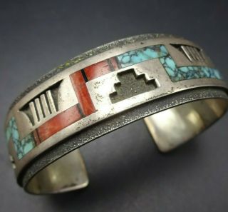 Vintage Navajo Sterling Silver Overlay Turquoise Coral Chip Inlay Cuff Bracelet