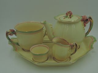 Vintage Royal Winton Cream Tiger Lily Breakfast Set W/pink & Green Teapot Tea Fo