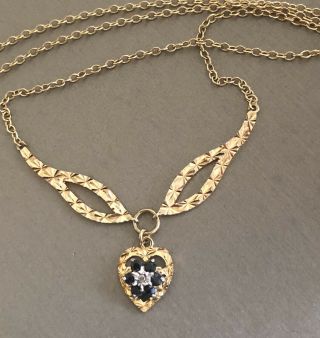 Vintage Solid 9ct Gold Diamond Sapphire Necklace Heart Pendant Chocker