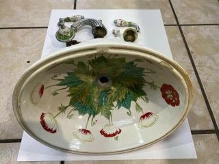 Vintage Sherle Wagner Hand - Painted Red And White Flower Bathroom Sink