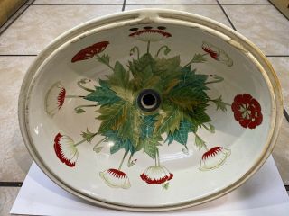 Vintage SHERLE WAGNER Hand - Painted Red And White Flower Bathroom Sink 2