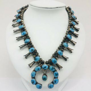 Vintage Navajo Sterling Squash Blossom Turquoise Old Pawn Beaded Necklace
