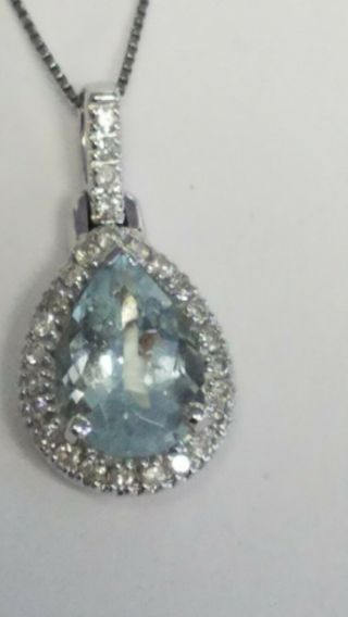 Vintage Solid 14k Gold Natural Aquamarine And 0.  27 Ct Tw Diamond Necklace18 "