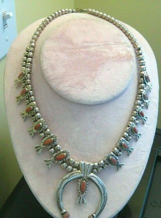 Vintage Sterling Silver Native American Navajo Coral Squash Blossom Necklace