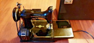 Vintage Singer 221 - 1 Featherweight Sewing Machine With Accessories / Buttonholer