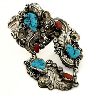 Stunning Vintage Navajo Sterling Silver Turquoise & Coral Slave Bracelet By Hby