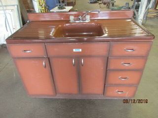 Vintage Wards Brown Steel Kitchen Sink W/ Side Counters On Cabinet W/drawers