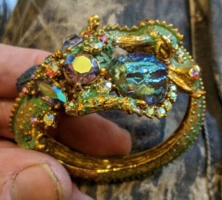 Vintage Har Fantasy Green Enamel Rhinestone Dragon Clamper Bracelet