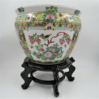 Vintage Chinese Porcelain Famille Rose Fish Bowl Planter Jardiniere Wood Stand 2