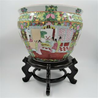 Vintage Chinese Porcelain Famille Rose Fish Bowl Planter Jardiniere Wood Stand 3