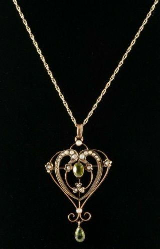 Antique Art Nouveau Gold Seed Pearl And Peridot Pendant Necklace