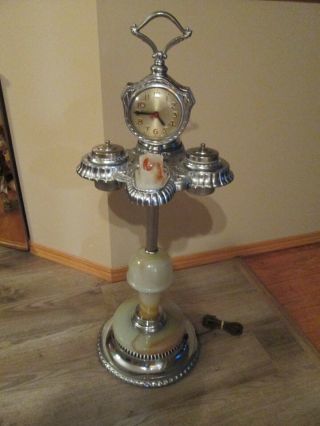 Vintage Art Deco Chrome Ashtray Stand With Clock And Slag Marble