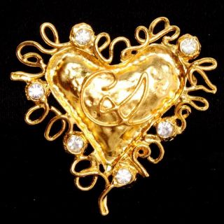 Rare Signed Vintage Christian Lacroix Gold Tone & Crystal Heart Brooch