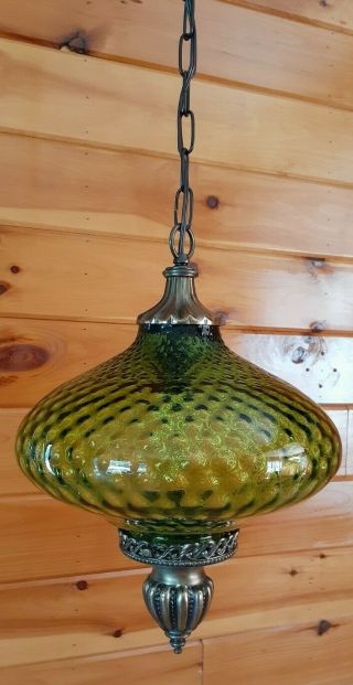 Vtg Mcm Retro Hanging Mini Swag Light/lamp Green Glass Coinspot Design