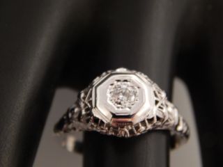 Vintage Art Deco Diamond Ring 18k Wg Filigree.  10 Ct Round E/si2 Engagement