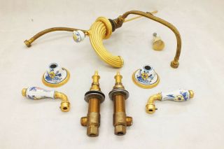 Vtg Sherle Wagner Bathroom Vanity Faucet Fixtures Gold Fluted Blue Mums Italy