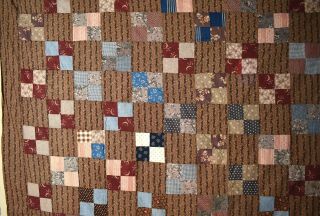 HANDSOME Vintage 1870 ' s Four Patch Antique Quilt Top DEEP EARLY BROWN FABRICS 2