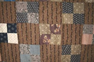 HANDSOME Vintage 1870 ' s Four Patch Antique Quilt Top DEEP EARLY BROWN FABRICS 3