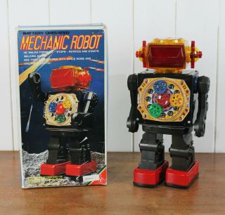 Rare Vintage Boxed Mechanic Robot Tin Toy - Battery Operated - &