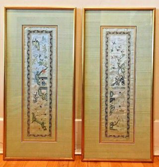Vintage Pair Chinese Hand Embroidered Stitch On Silk - Framed
