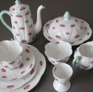 Vintage Shelley Porcelain Breakfast Set Teapot S&c Cup Plates Muffin Egg Rosebud