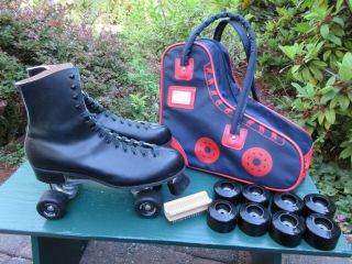 Vintage Riedell Leather Roller Skates Size 12,  8 Kryptos Wheels With Carry Bag