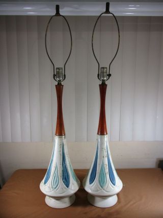 Vintage Mid Century Danish Modern Teak Wood & Ceramic Table Lamps 38 " Tall Set