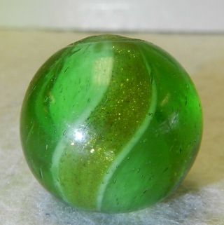 9487m Large.  74 Inches Vintage German Handmade Green Glass Ribbon Lutz Marble