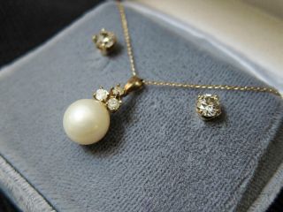 Vintage 14k Yellow Gold Necklace Diamond And Pearl With Diamond Earring Set