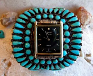 Vintage Navajo Turquoise Petit Point Cluster Sterling Silver Watch Bracelet 78gr