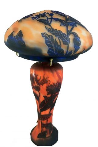 Vintage 19 " Cameo Art Glass Mushroom Lamp Gorgeous Cobalt And Sunset Floral