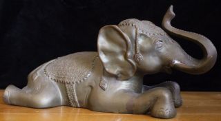 Vintage Handcrafted Brass Asian Elephant Statue 14 1/2 In Long