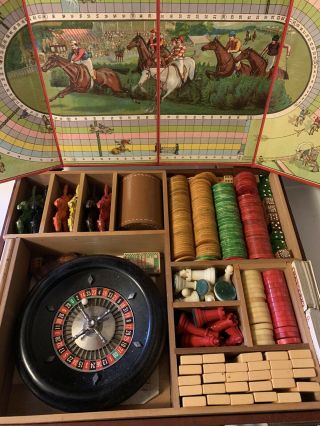 Vintage Rott Gambling Speakeasy Game Box Set Case Roulette Horse Race Chess Crib