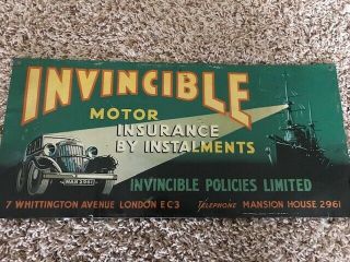 Vintage Metal Sign For " Invincible Motor Insurance ",  Automotive Dealer Gas Oil