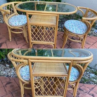 Vintage Adorable Rattan Breakfast Oval Glass Top Table With 2 Chairs