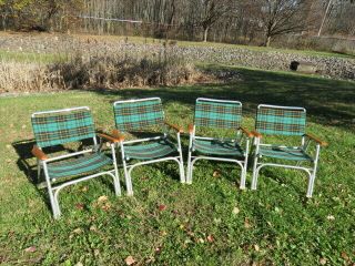 Telescope Folding Chairs Vtg Green Navy Plaid Wood Canvas Retro Modern Set 4
