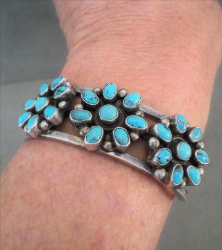 Vintage Turquoise Sterling Silver Navajo Flower Cluster Cuff Bracelet Old Pawn